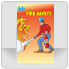 Office worker with safety glasses and construction helmet extinguishing a fire