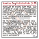 Texas Open Carry Of Handgun (Prohibited in Business) - English & Spanish